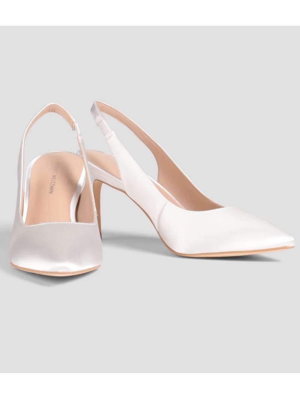 Stuart Weitzman White Satin Pointed Slingback Heels